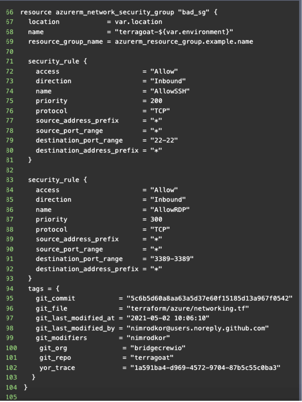 Screenshot of an XML that shows Azure Virtual Machines SSH's internet access is not restricted & open to cyber attacks.