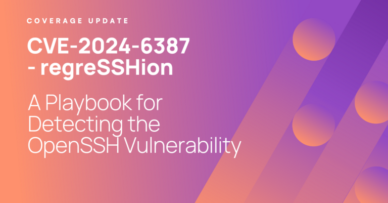Featured image for the regreSSHion detection playbook covering CVE-2024-6387, a signal handler race condition in OpenSSH sshd exposing up to 14 million glibc-based Linux servers to unauthenticated RCE