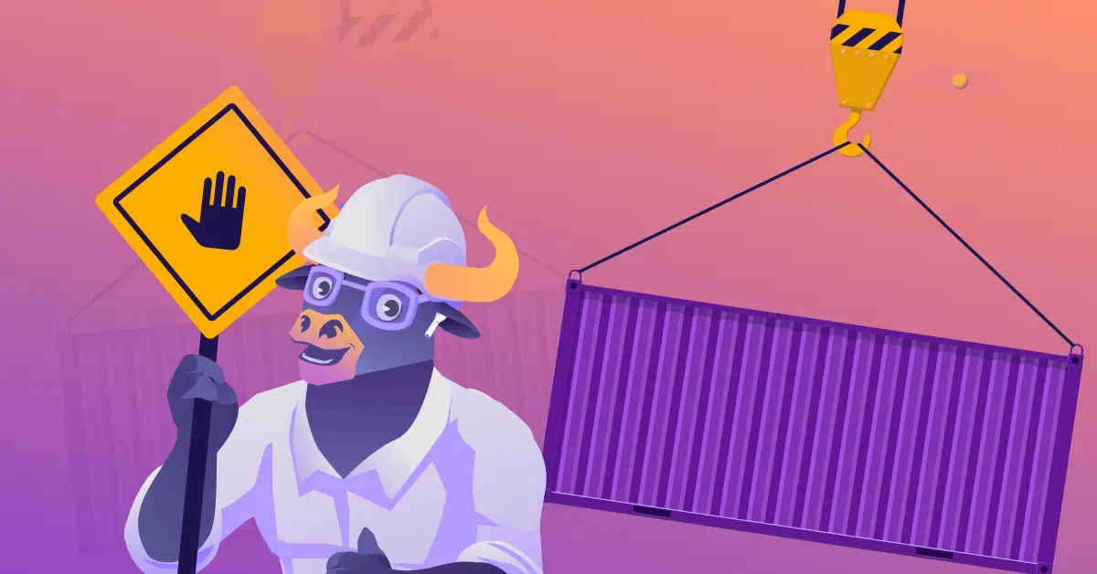Illustration highlighting container security tools: A construction worker bull with a stop sign, ensuring safe handling of a purple shipping container being lifted by a crane.