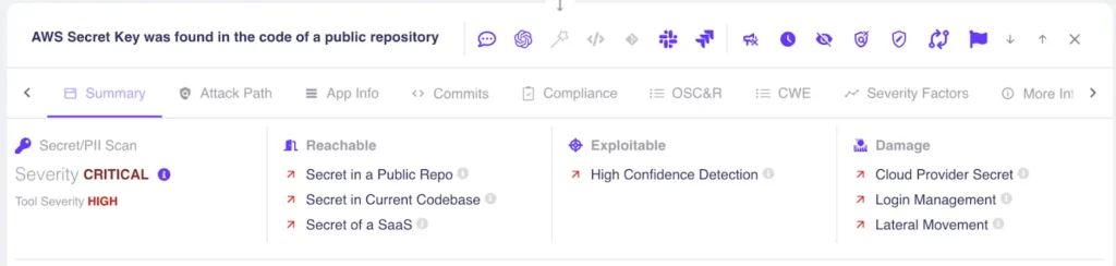 Screen shot of secret management dashboard showing critical issues
