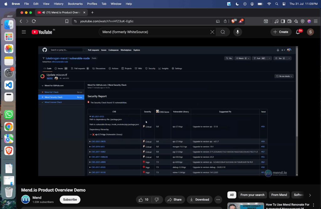 tool highlighted issues ranging from critical CVEs like WS-2021-0153 and CVE-2021-32803, to high-risk license violations.