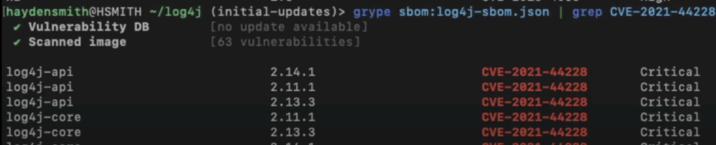 The scan found CVE-2021-44228 (Log4Shell) in multiple log4j-api and log4j-core versions, all marked critical.
