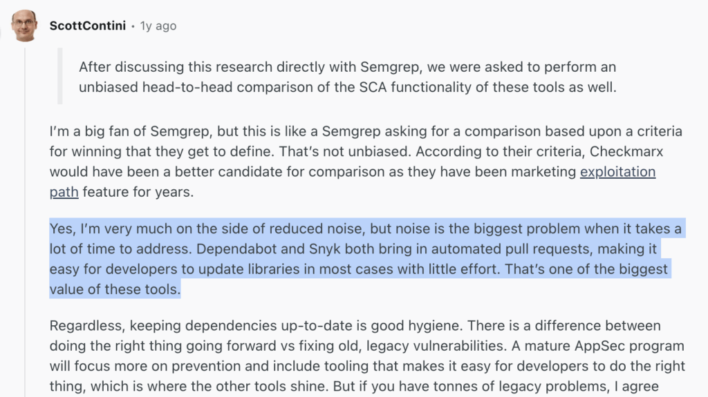 Reddit discussion, where a user pointed out how automated SCA tools improve real-world security hygiene