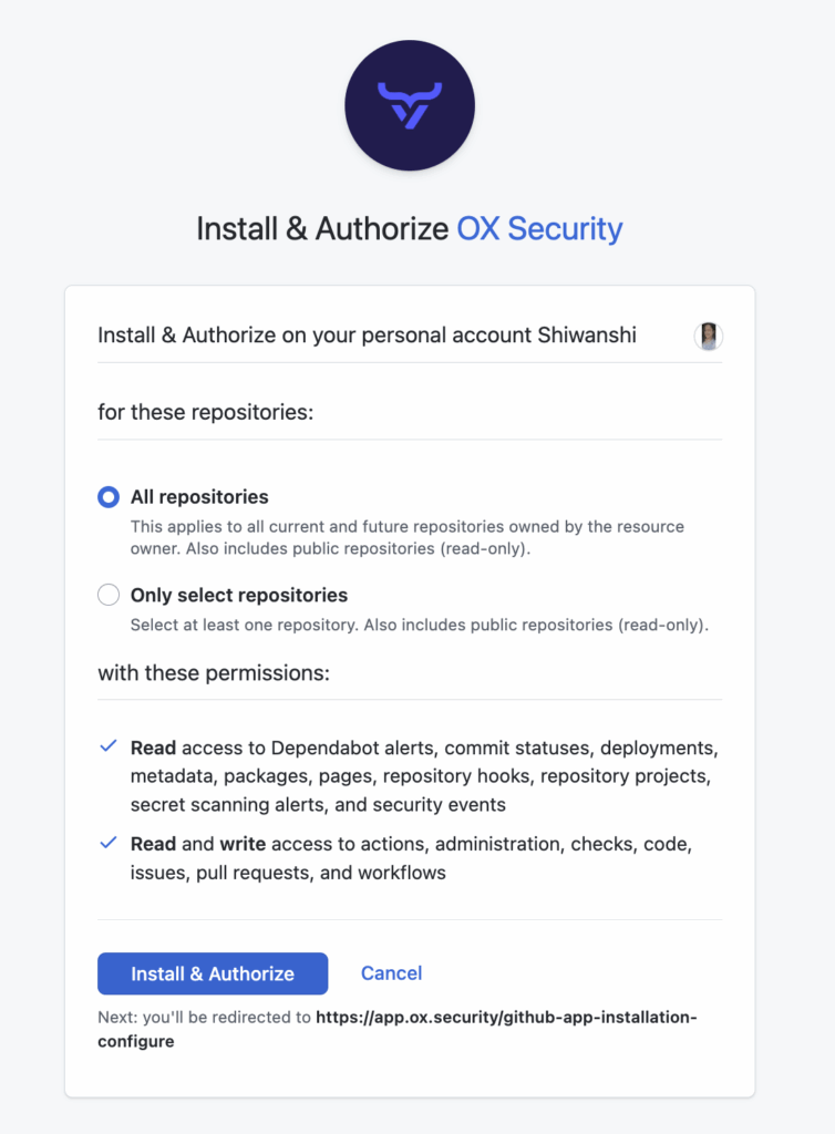 OX Security requesting authorization to access all repositories in the GitHub account with read and write permissions for repository data, security alerts, and workflows.