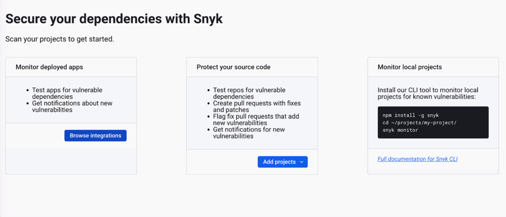Snyk’s options to secure dependencies by monitoring deployed apps, protecting source code, and scanning local projects using their CLI tool