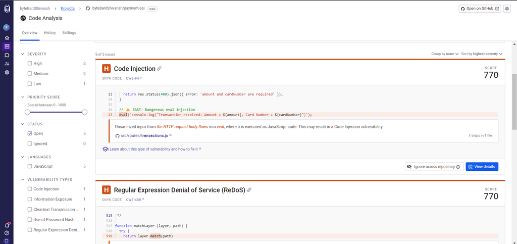 Snyk Code analysis view showing a Code Injection finding with the vulnerable eval line highlighted in a payment-api repository.