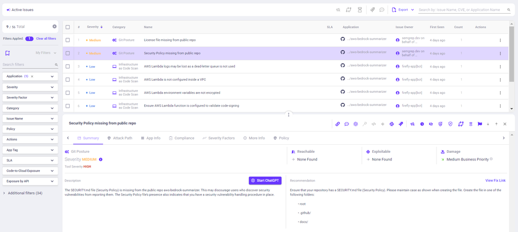 OX Security Active Issues dashboard with a Security Policy missing from public repo finding open in the detail panel