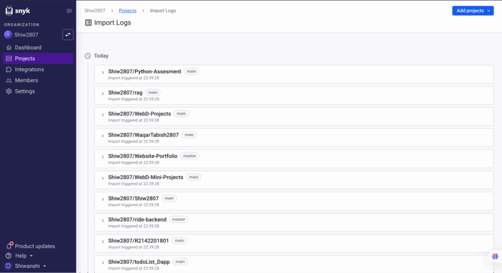 Snyk dashboard under the Projects → Import Logs section.
It lists multiple repositories from the GitHub account Shiw2807 that were imported today at the same time (22:39:28). Each entry shows the repo name, branch (main or master), and the fact that the import was triggered.
