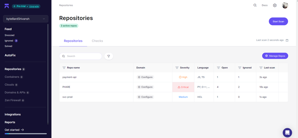 Security scan dashboard shows active repos with critical and high severity issues across JS, Python, C++, and HCL codebases."