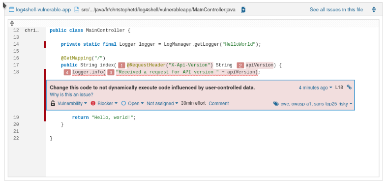 SonarQube flagging a Blocker vulnerability in MainController.java where the X-Api-Version header flows into a logger.info call.