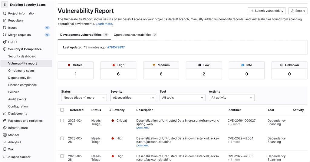 GitLab Vulnerability Report with severity counts and a list of dependency scanning findings sorted by severity.