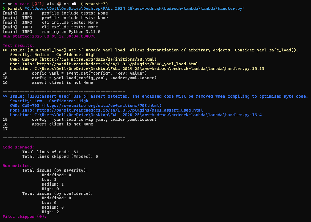 Bandit scan of handler.py flags unsafe yaml.load usage and improper use of assert, highlighting critical Python security risks.