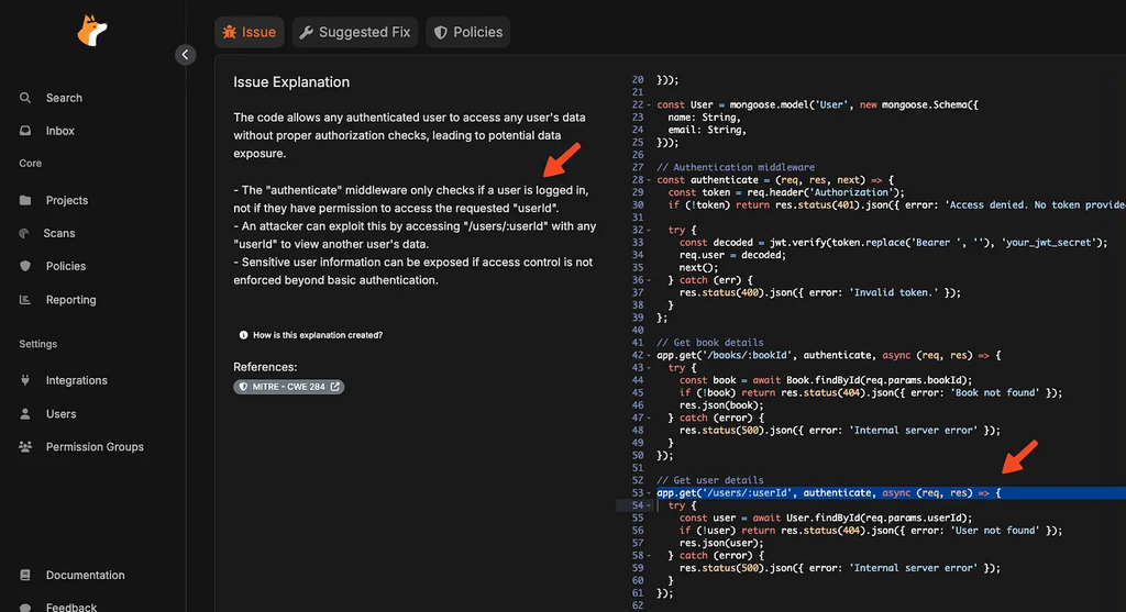 Authorization gap: Middleware checks if user is authenticated, but not if they’re authorized to access another user's data exposing a critical CWE-284 flaw.