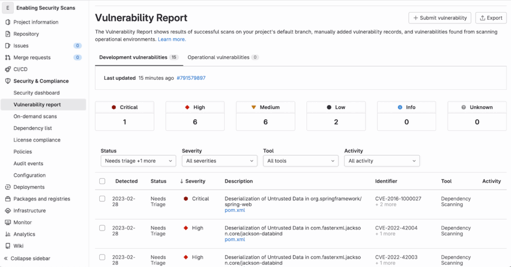 we see a project-level vulnerability report populated with 15 development vulnerabilities