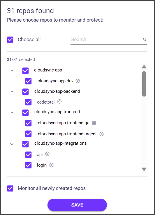 Repository selection screen in OX Security showing 31 GitHub repositories monitored and protected, including cloudsync-app, backend, frontend, integrations, API, and login.