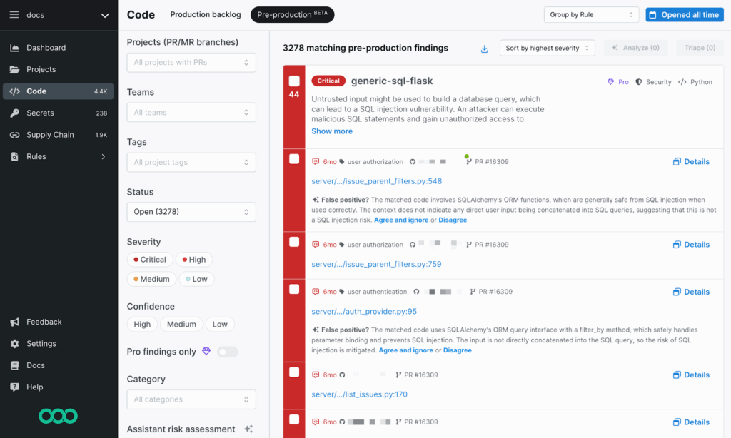 Semgrep is running across a Python codebase and has flagged a critical SQL injection risk