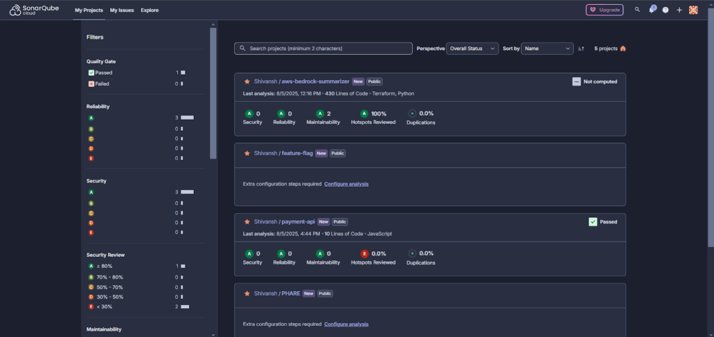 multiple projects are shown with security and quality metrics
