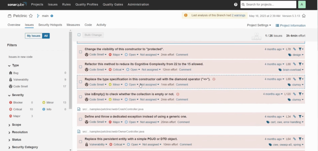 sonarqube flagged 26 total issues