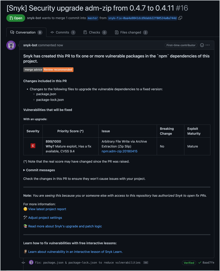 Example that follows shows a fix pull request opened by Snyk.