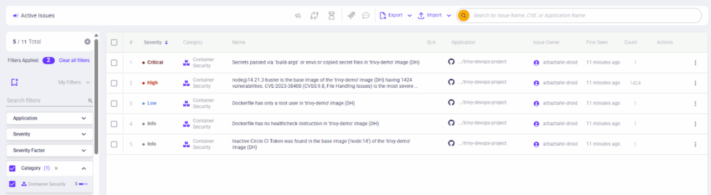 Active issues list filtered to Container Security (shows critical/high/info items)