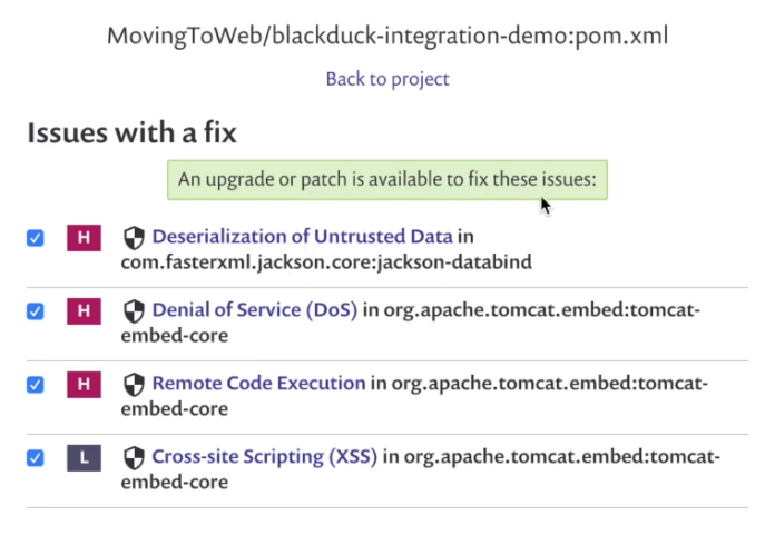 Snyk also simplifies the remediation workflow by grouping issues that have available upgrades