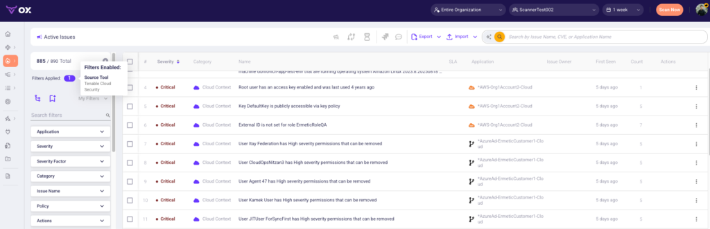 Active issues identified through the Tenable Cloud Security integration