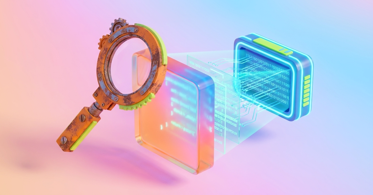 3D illustration of a magnifying glass inspecting a glowing code cube representing AI code security analysis