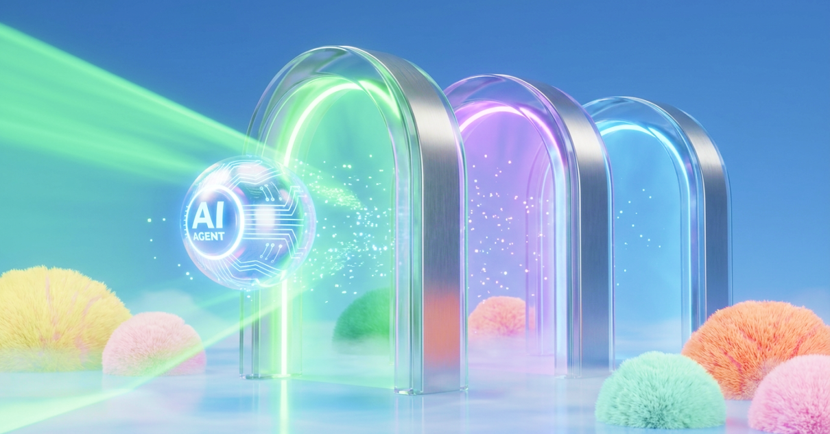 AI agent passing through layered security pipelines represented by glowing glass arches