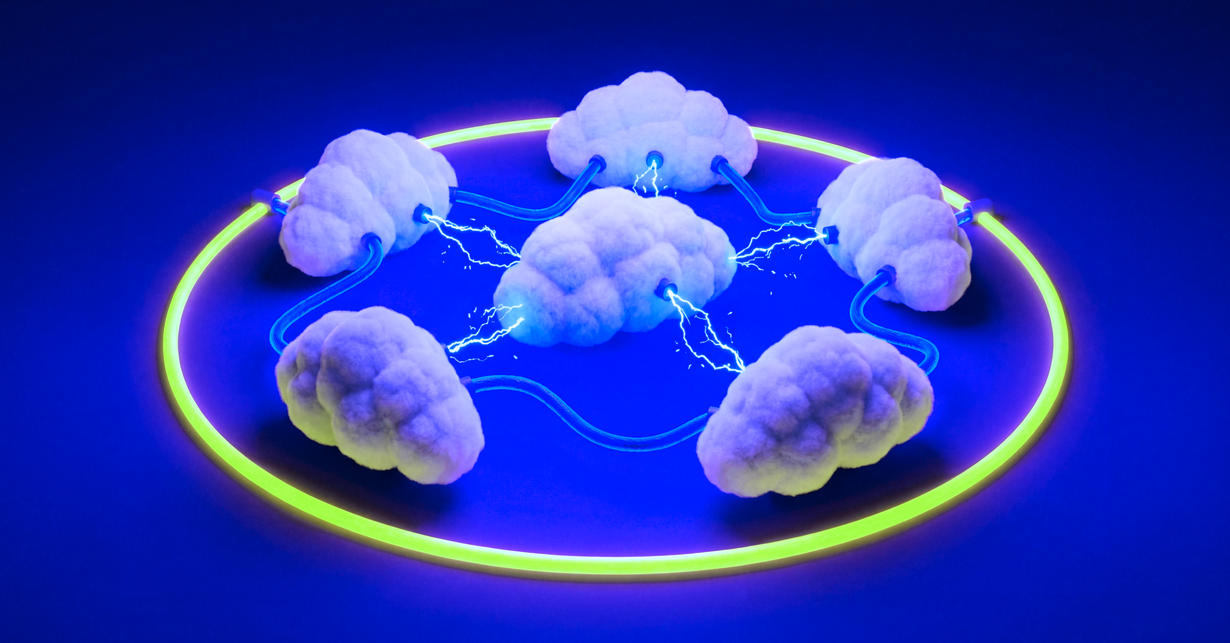 Cloud-native infrastructure visualization showing interconnected cloud environments and secure network communication