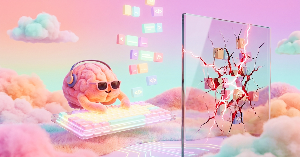 AI-generated coding assistant creating software while a cracked security wall highlights vulnerabilities in vibe coding