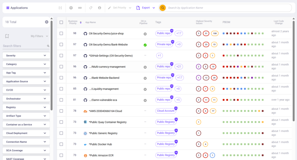 OX Security applications view listing 18 repositories with business priority scores, highest severity issues, and PBOM coverage indicators for each application