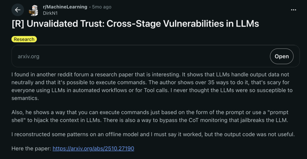 Reddit post discussing cross-stage LLM vulnerabilities showing how prompt injection can execute commands and bypass chain-of-thought monitoring in automated AI workflows
