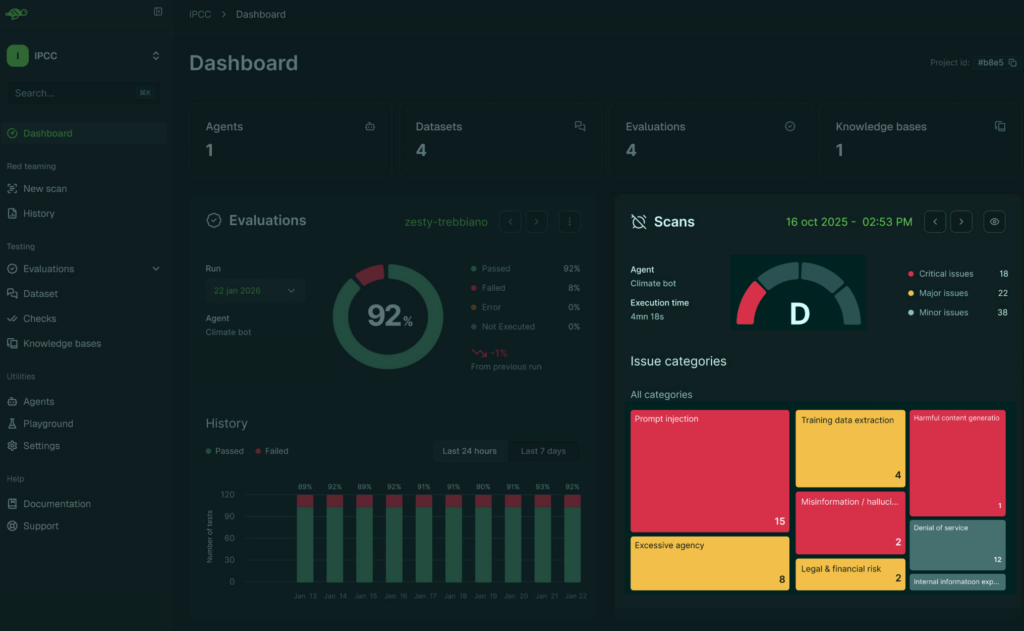 Giskard AI dashboard showing 92% evaluation pass rate with scan results categorized by prompt injection, misinformation, excessive agency, and legal risk issue types