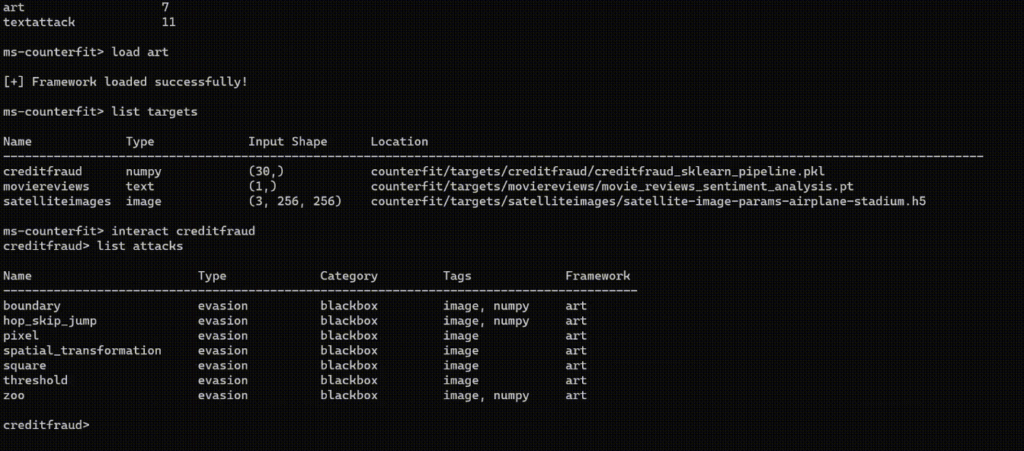 Microsoft Counterfit command-line interface listing adversarial attack strategies including boundary, hop-skip-jump, pixel, and spatial transformation evasion attacks for AI model testing