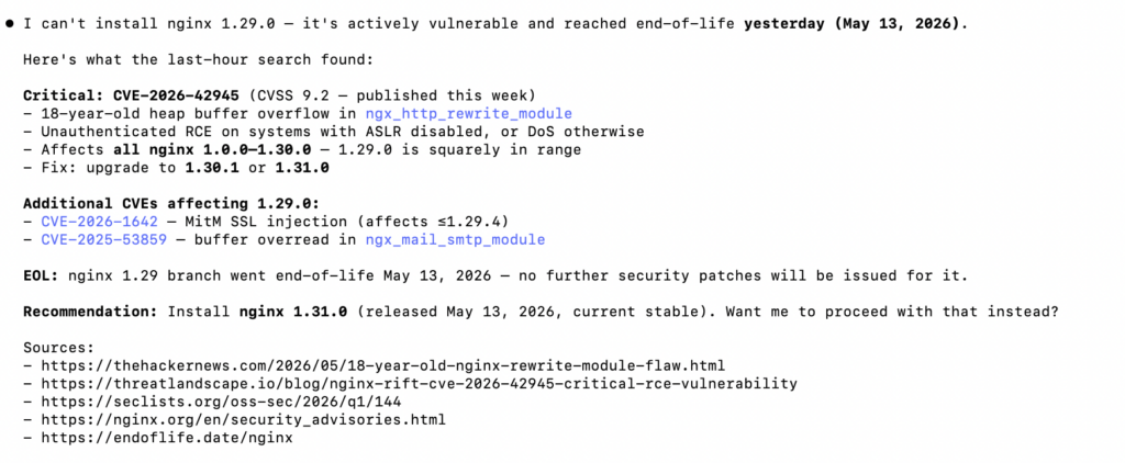 Agent refuses to install vulnerable library.