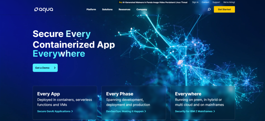 Aqua Security homepage showing containerized app protection across every phase from development to production in hybrid and multi-cloud environments