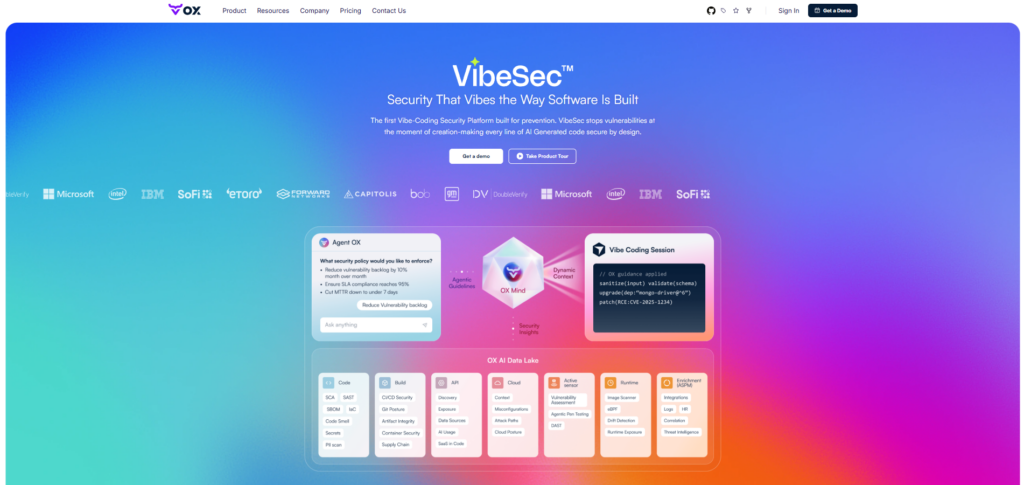 OX Security VibeSec platform homepage showing AI Data Lake, code-to-runtime coverage, and enterprise customers including Microsoft, IBM, and Intel