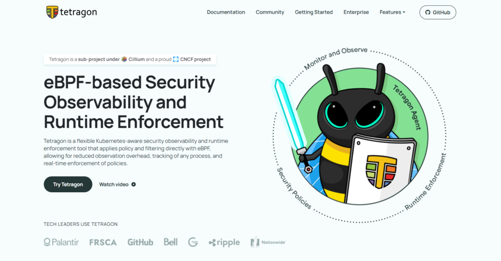 Cilium Tetragon homepage showing eBPF-based security observability and runtime enforcement for Kubernetes with policy filtering and process monitoring