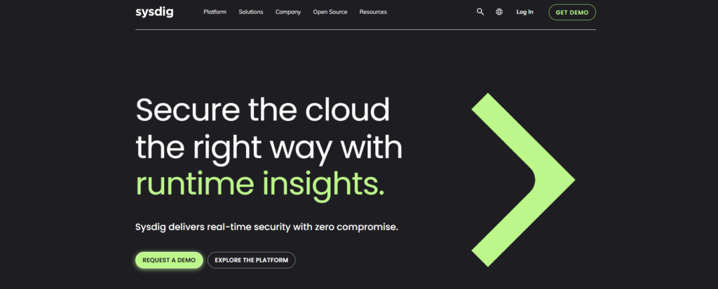 Sysdig Secure homepage showing cloud runtime security with runtime insights and real-time threat detection for containerized Kubernetes workloads
