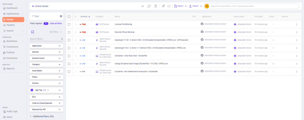 OX Security Issues panel showing open source findings with severity ratings, SLA status, and code-to-runtime exposure context