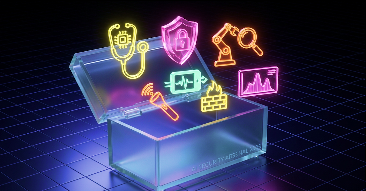 AI Security Arsenal 2026 - an open glass toolbox emitting neon icons representing AI security testing tools including a diagnostic stethoscope, security shield, robotic scanner, firewall, runtime monitor, and analytics dashboard