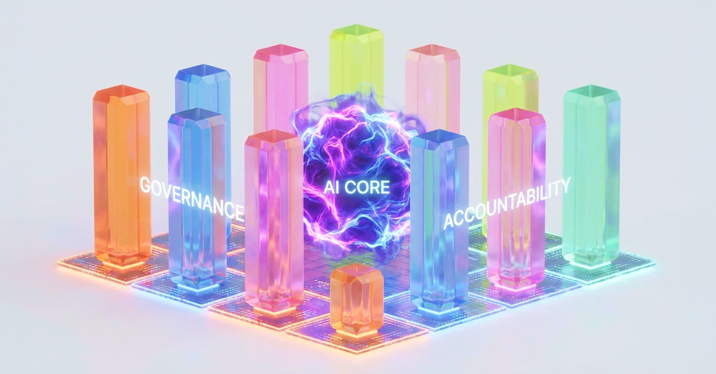 Abstract 3D illustration of a glowing energy sphere labeled "AI Core" surrounded by colorful crystal pillars representing governance and accountability.