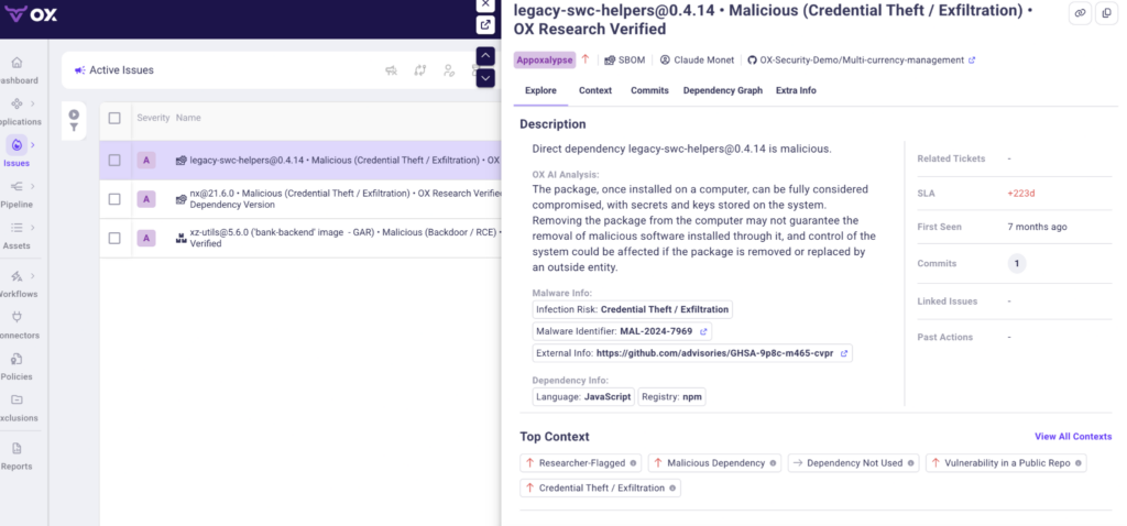 OX Security issue detail showing a flagged malicious dependency with credential theft risk, SLA age, and contextual tags.
