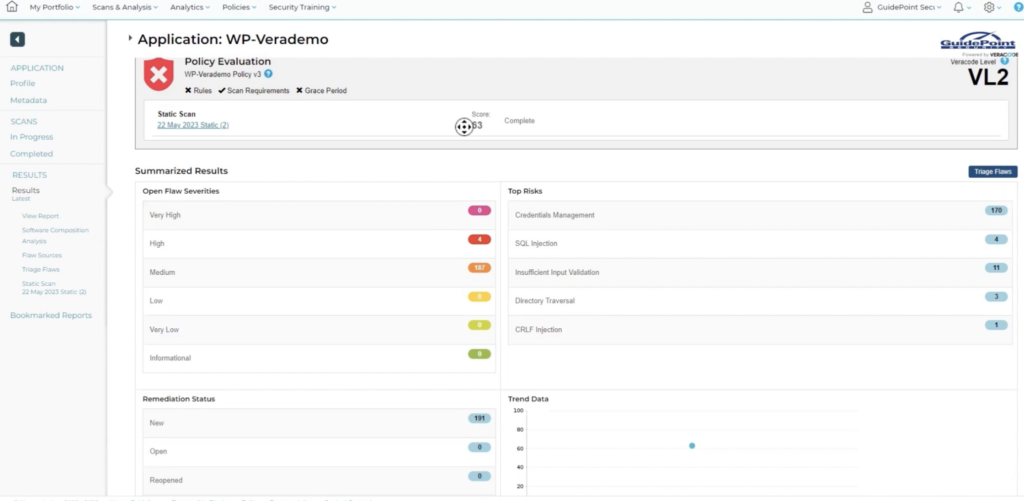 Veracode scan results showing policy pass/fail status, flaw severity breakdown, and top risk categories for an application.