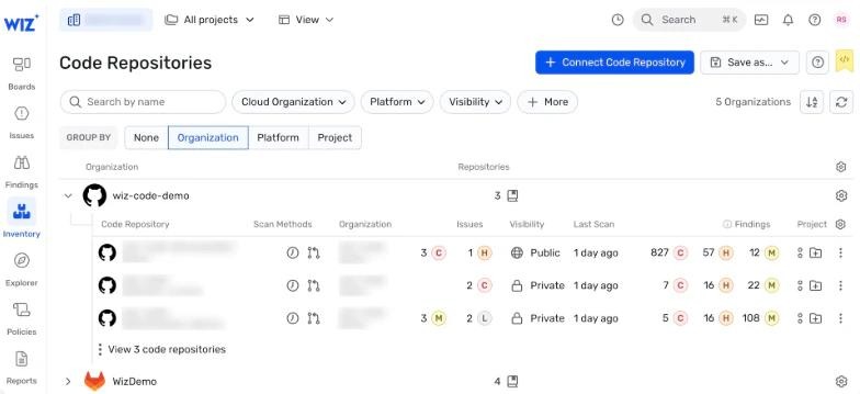 Wiz Code interface listing connected code repositories with issue counts by severity and visibility status.+