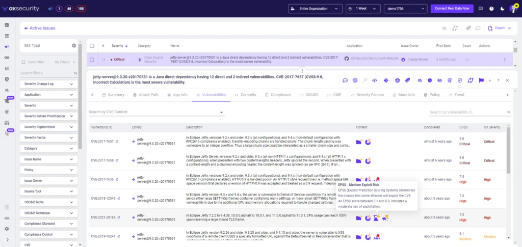 EPSS OX issue detail screen showing EPSS probability score alongside CVSS base score for a specific CVE, enabling teams to assess real-world exploit likelihood beyond theoretical severity ratings
