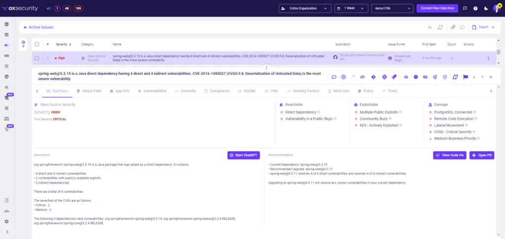 Issue prioritization Issue prioritization view in OX displaying vulnerabilities ranked by combined KEV status, EPSS score, and CVSS severity to surface the subset of findings posing active exploitation risk
