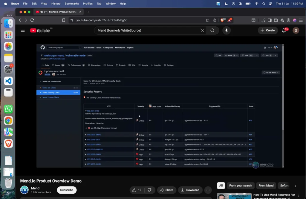 tool highlighted issues ranging from critical CVEs like WS-2021-0153 and CVE-2021-32803, to high-risk license violations.