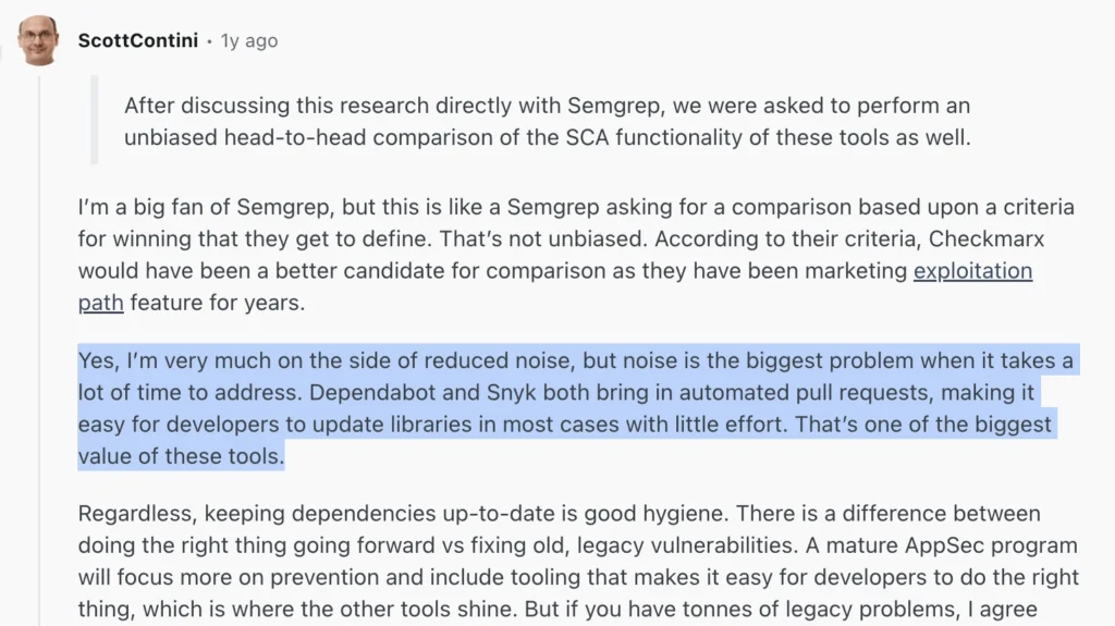 Reddit discussion, where a user pointed out how automated SCA tools improve real-world security hygiene