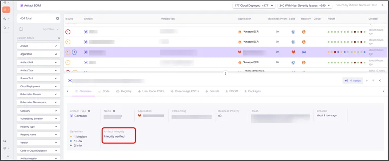OX Security Artifact BOM dashboard showing container artifact integrity verification, vulnerability severity levels, CI/CD pipeline security insights, and software supply chain risk management.